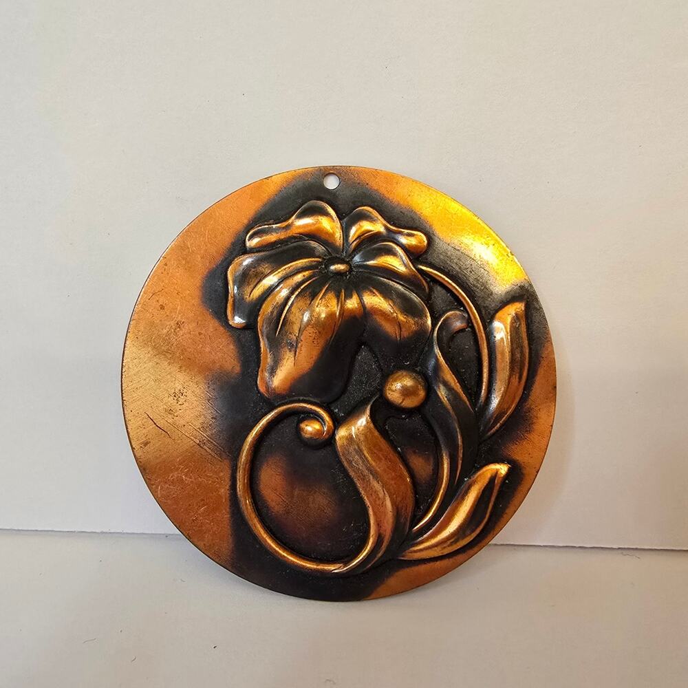 Large Copper Pendant Floral Lilly Round Medallion Vintage Metal Jewelry